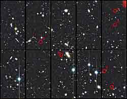（観測した領域（満月程度の大きさ）と6つの活動銀河の位置の画像）