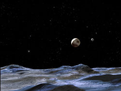 （発見された新衛星候補の天体から見た冥王星系の想像図） 