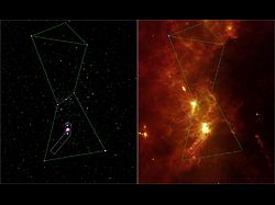 （赤外線宇宙望遠鏡IRASが捉えたオリオン座、白い四角内がスピッツァーによる赤外線画像）