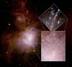 （ガスの塊が存在する領域を示したオリオン座大星雲の画像）