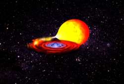 伴星の表面の物質が中性子星へと落下していくようすを表した想像図）