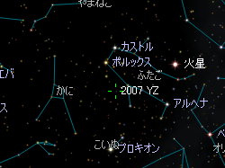 （小惑星2007 YZ発見時の位置と周辺星図）