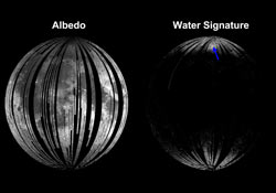 （月面から反射される太陽光（左）と水の分子の存在を示した画像（右））