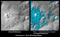 （月面にある若いクレーター付近の画像と同領域における水を多く含む鉱物の分布を示した画像）