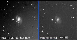（（左）超新星2009krの発見画像と（右）2009年10月のNGC 1832の画像）