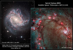 銀河M83の全体像とHSTによるクローズアップ