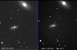 （（左）2007年3月のNGC 3389の画像と（右）超新星2009mdの発見画像）