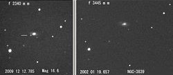 （（左）超新星2009mhの発見画像と（右）2002年1月のNGC 3839画像）