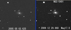 （（左）2005年5月のNGC 5491の画像と（右）超新星2009nkの発見画像）