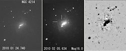 （（左から）2010年1月のNGC 4214の画像、新天体の発見画像、およびその反転画像）