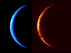 （（左）紫外線イメージャ（UVI）による地球の画像、（右）1μmカメラ（IR1）による地球の画像）
