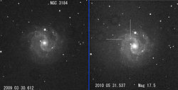 （（左）2009年3月のNGC 3184周辺、（右）2010dnの発見画像）