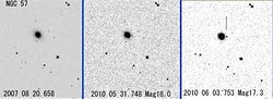 （（左）2007年8月20.658日のNGC 57周辺、（中）2010年5月31.748日のNGC 57周辺、（右）2010dqの発見画像）