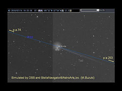 （DSS画像に表示したテンペル彗星（10P）の軌道（青）とダストトレイル（灰色）のシミュレーション画像）