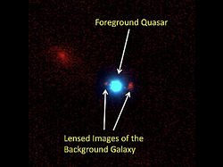 （ケック天文台の10m望遠鏡がとらえた、レンズの役割を果たすクエーサー（青）およびその重力で浮かび上がった遠方銀河の重力レンズ像（赤）の画像）