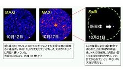 （（左）新X線天体MAXI J1409-619を中心とする半径10度の領域のX線画像、（右）スウィフトの追跡観測による詳細なX線画像）