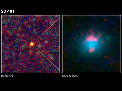（SDP 81の画像（左：ハーシェルがとらえた画像、右：ケック天文台およびハーバード・スミソニアン天体物理学センター サブミリ波干渉計による観測データを重ね合わせた画像））
