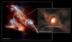 （初期宇宙の銀河とその中心のブラックホールの想像図）