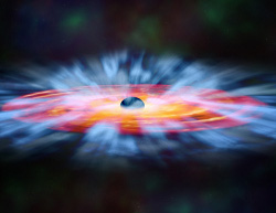 銀河中心のブラックホールと周囲のガスを吹き飛ばすイメージ