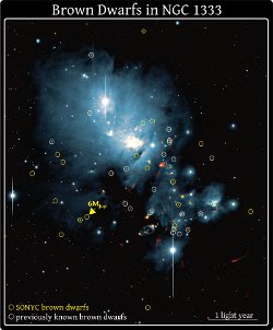 「NGC 1333」における褐色矮星と浮遊惑星