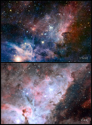 赤外線（上）と可視光線（下）でとらえたエータ・カリーナ星雲