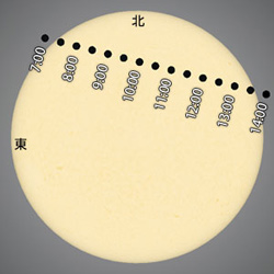 太陽面と、金星の1時間ごとの位置を表した図