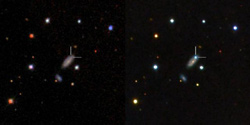 超新星PTF11kxの出現前（左）と出現後（右）