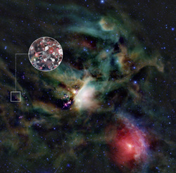 WISEによる赤外線画像とグリコールアルデヒド分子のイメージイラスト