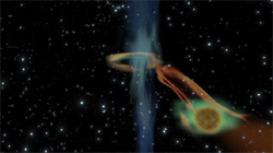 重力で周囲の天体を飲み込むブラックホール