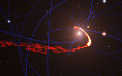 ブラックホールのそばを通過するガス雲のシミュレーション図