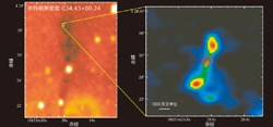 赤外線暗黒星雲MM3の赤外線像と、原始星周囲の電波画像