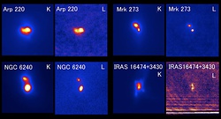 活動的な超巨大ブラックホールの存在が複数認識された4個の合体銀河の赤外線画像