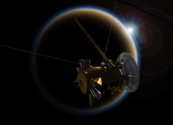 日没時にタイタンを観測する探査機カッシーニの想像図