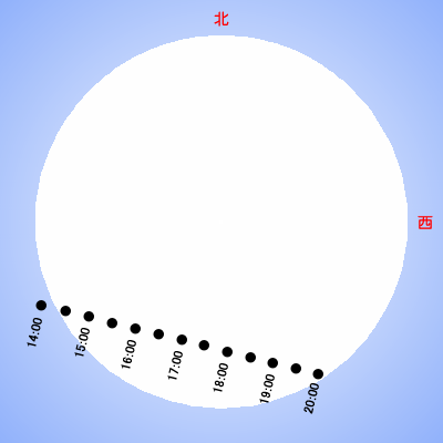 太陽面と、金星の30分ごとの位置を表した図。北が上。