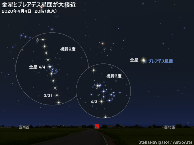 星図（3月下旬～4月上旬、金星とプレアデス星団が大接近