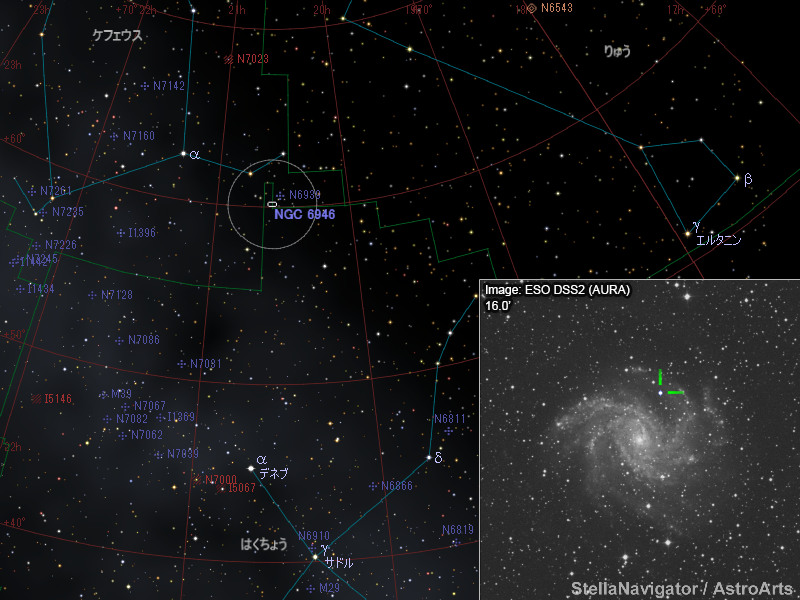 NGC 6946周辺の星図と、DSS画像に表示した超新星 NGC 6946周辺の星図と、DSS画像に表示した超新星