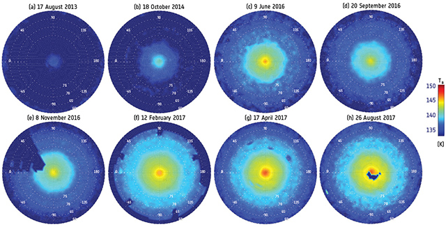 土星の北極上空の成層圏の温度変化 土星の北極上空の成層圏の温度変化