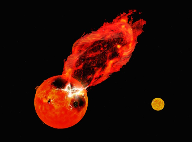 スーパーフレアと巨大プロミネンスの想像図 スーパーフレアと巨大プロミネンスの想像図