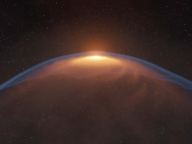 衝撃波によって形がゆがめられた原始惑星系円盤の想像図