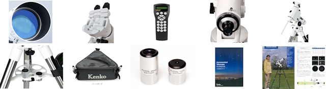 大口径120mm、アリ溝形式、「SynScan」システム、 明視野照明付き極軸望遠鏡内蔵、ウエイト軸内蔵、高い安定性能を誇る三脚、付属のパーツポーチ、接眼レンズ2本、天体ガイドブック