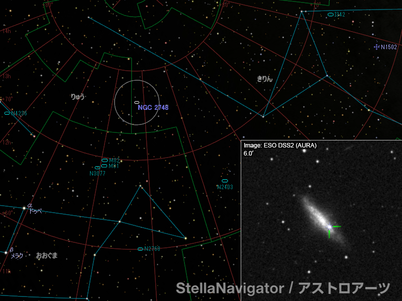 NGC 2748周辺の星図と、DSS画像に表示した超新星 NGC 2748周辺の星図と、DSS画像に表示した超新星