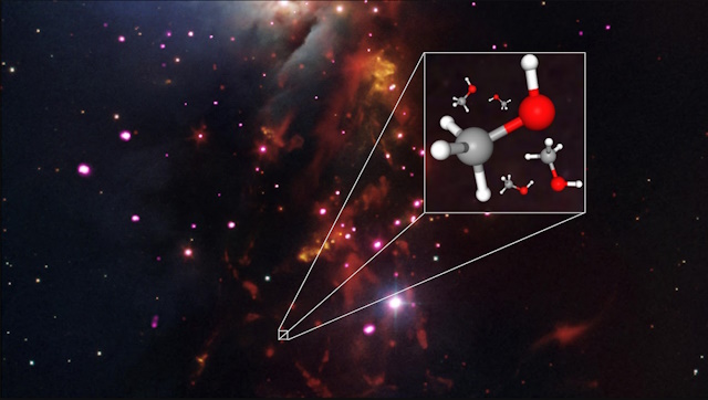 ペルセウス座分子雲の合成画像と完全重水素化メタノールの分子構造 ペルセウス座分子雲の合成画像と完全重水素化メタノールの分子構造