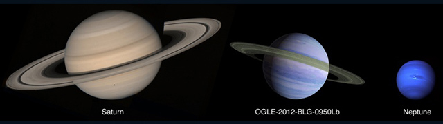 土星と海王星、その中間の質量を持つ系外惑星の想像図