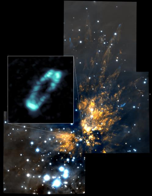 オリオンKL領域の近赤外線画像と塩化ナトリウムからの電波分布画像を合成した画像