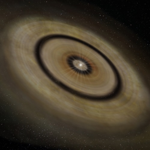 うみへび座TW星の周りに存在する塵の円盤の想像図
