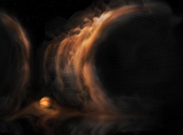 ガスが滝のように原始惑星系円盤の隙間に流れ込む想像図