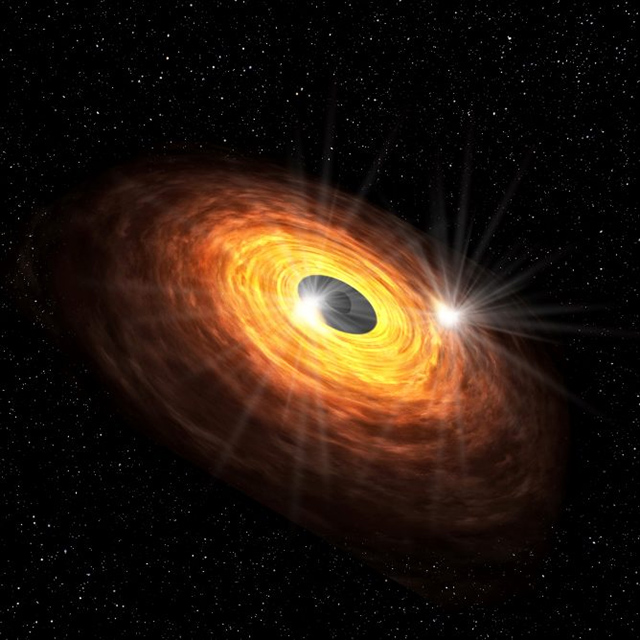 超大質量ブラックホールとそのごく近傍で周回するホットスポットの想像図