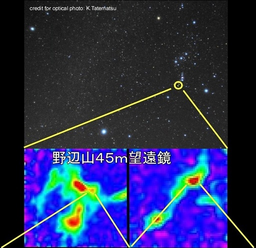 オリオン座、分子雲コアにおける水素を含む分子分布