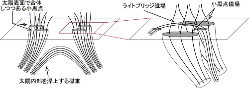 小黒点が合体する際にライトブリッジが作られる説明図