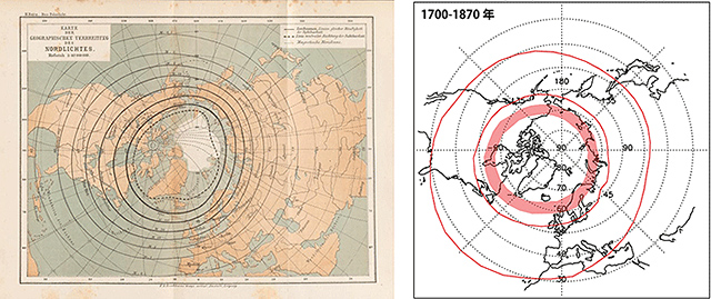 18～19世紀ごろの目撃例から集計されたオーロラ地図と、再現された当時のオーロラ帯